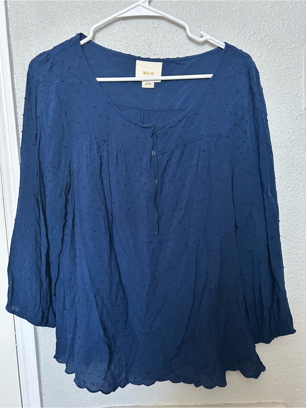 Maeve Navy Swiss Dot Button-Front Peasant Blouse